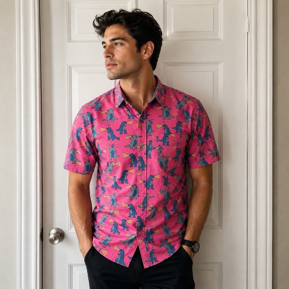 Chubbies Pink Dinosaur Button Up Shirt Men's Medium Stretch Novelty Party Golf